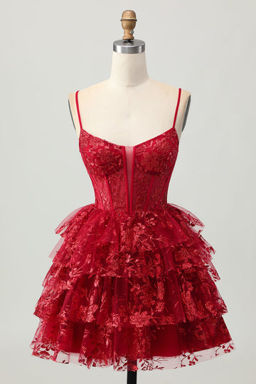 Sparkly Dark Red A-Line Tiered Corset Sequin Mini Cocktail Dress